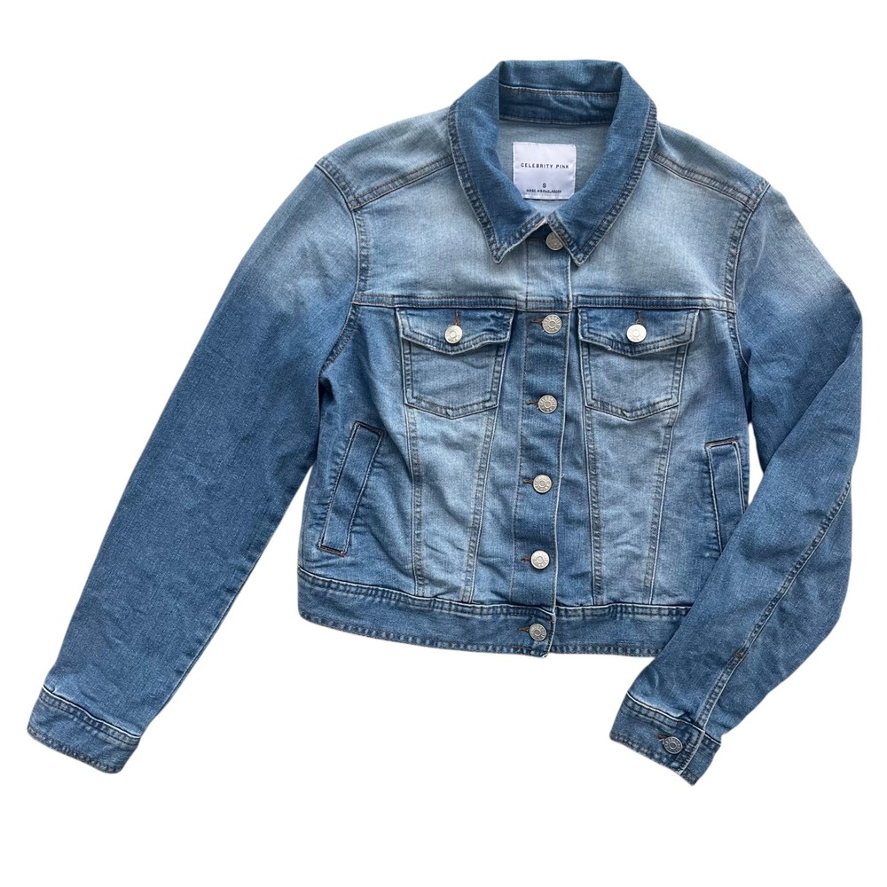 Celebrity Pink Womens S Light Wash Blue Denim Cropped Style Jean Jacket Y2K Chic